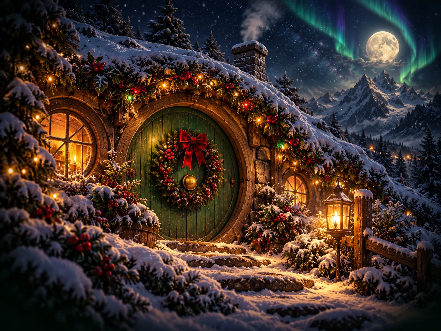 A round green door in a snowy hillside with a Christmas wreath, glowing windows and a lantern